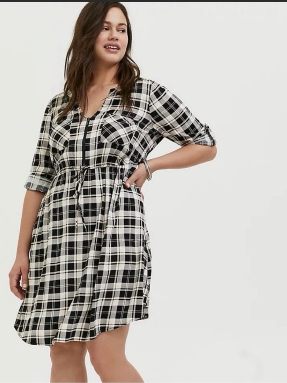 Black & White Plaid Midi Dress with Drawstring Waist